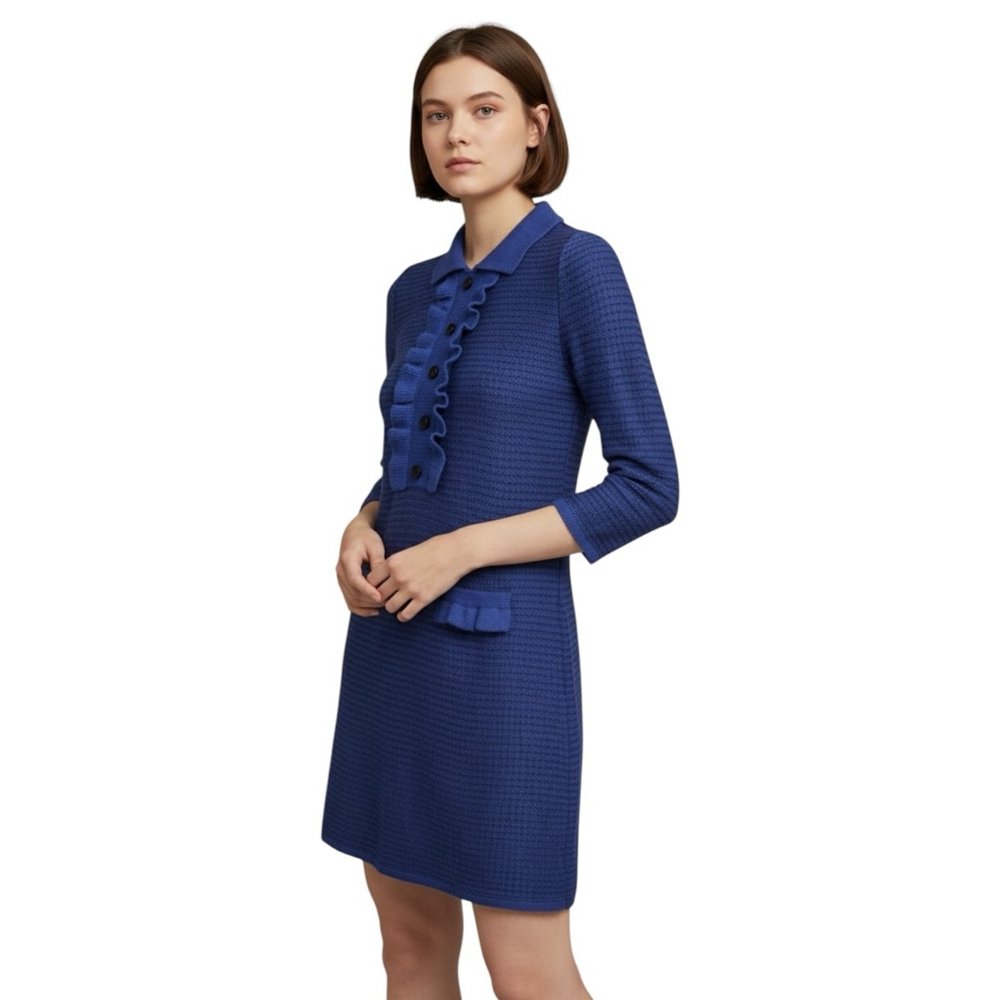 Aldomartins Lux Textured Knit Ruffle Polo Dress, Blue, M